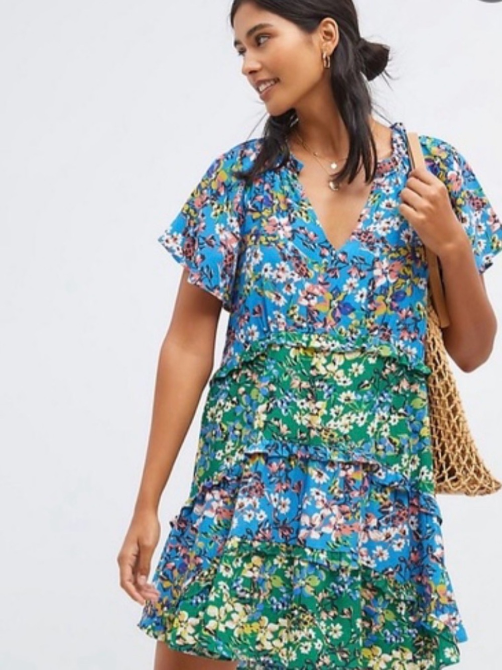 Anthropologie Floral Tiered V-Neck Mini Dress - Blue & Green size Small